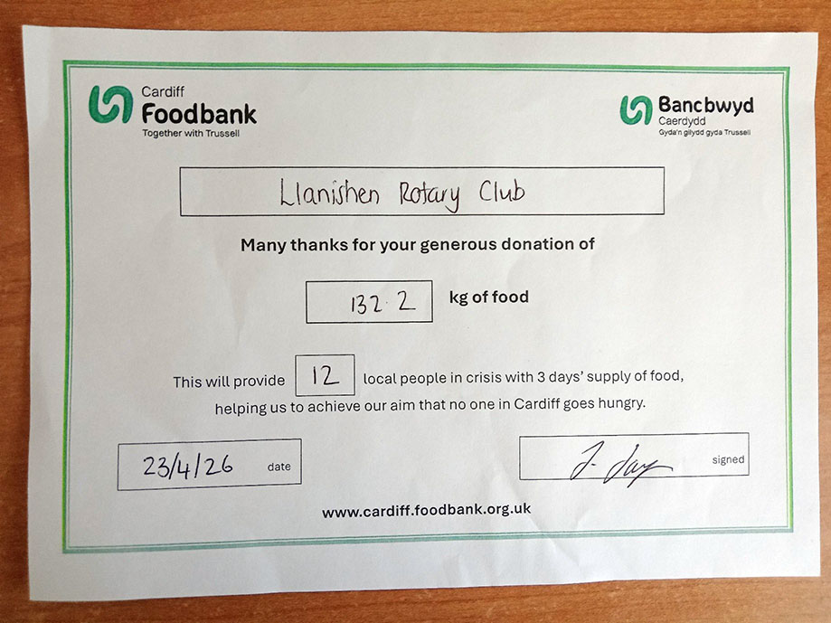 Rotary Club of Llanishen Rallies Behind Cardiff Foodbank with another Generous Donation