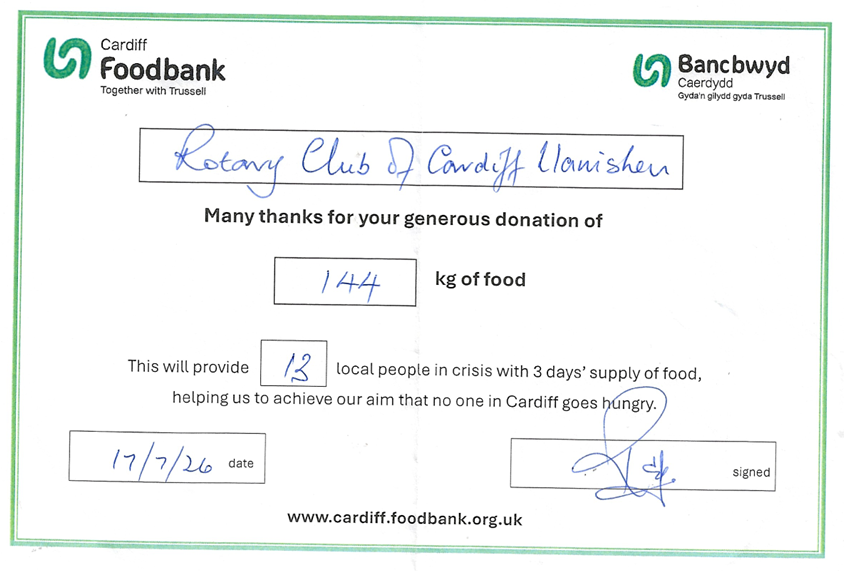 Another month of generous support from Llanishen Rotary!